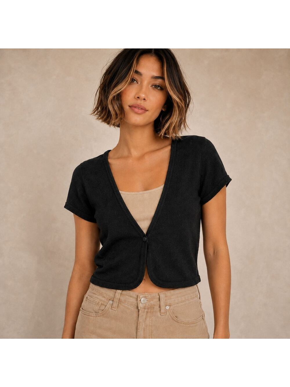 WHITE HOUSE BLACK MARKET Black Cropped Shrug Cardigan Rayon Knit Short Sleeve M